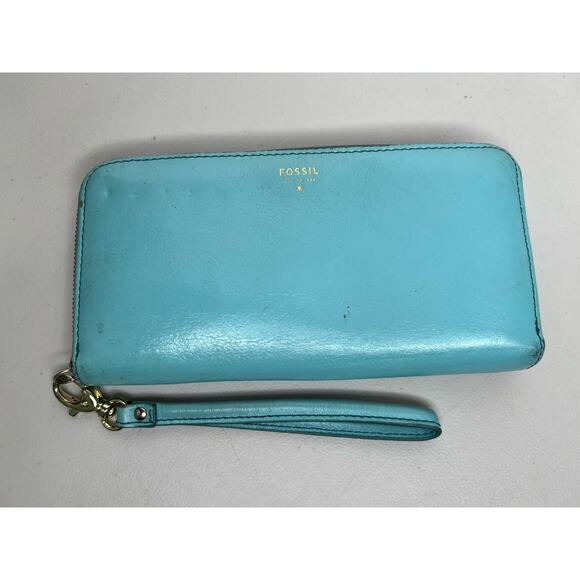 Fossil Teal Leather Zip Around Wallet Wristlet - Picture 1 of 16